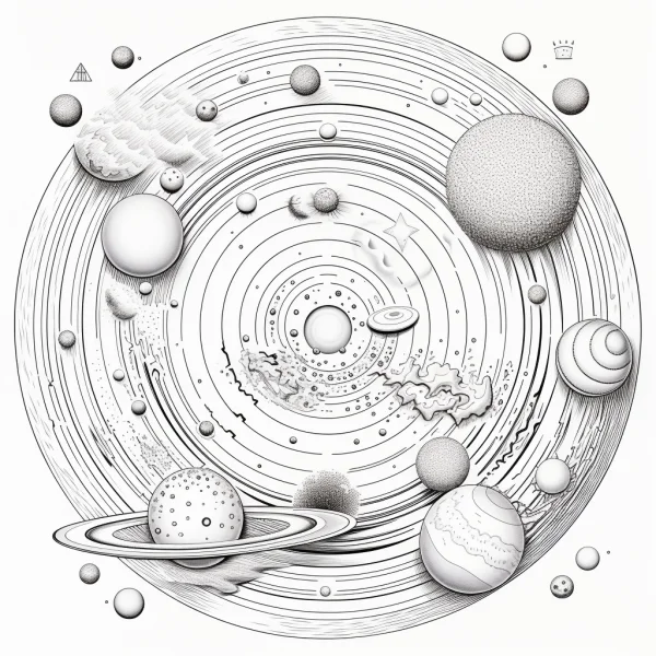 Solar system planet group with orbital rings, sci-fi line art style — free printable universe coloring book page