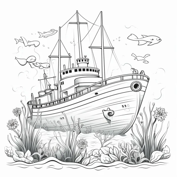 Sunken cargo ship under the sea, cartoon style — free printable ships coloring book page