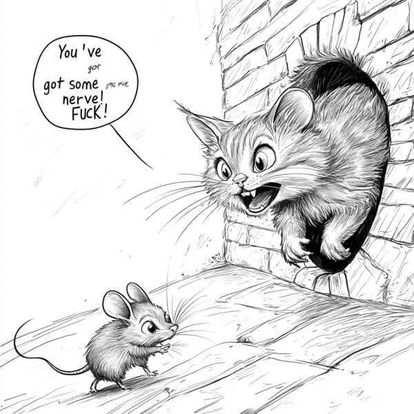 Angry cat confronting mouse, cartoon comic style — free printable humor coloring book page