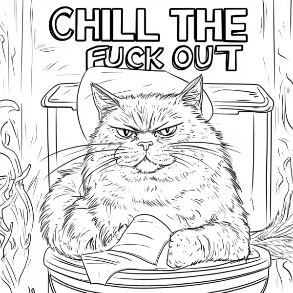 Angry fat cat sitting on toilet holding toilet paper, cartoon style — free printable humor coloring book page