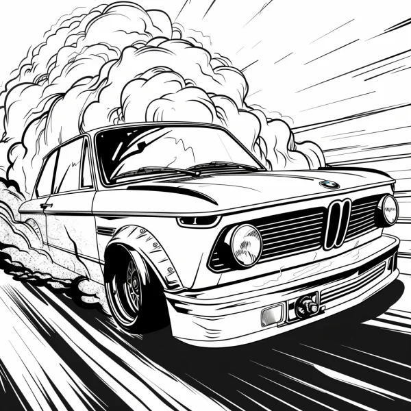 Drifting vintage bmw car, realistic line art style — free printable motorsport coloring book page
