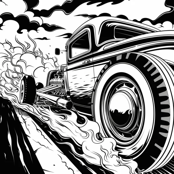 Vintage modified hot rod car, retro cartoon style — free printable street coloring book page