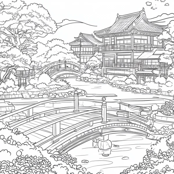 Chinese garden scene with ancient buildings and arched bridges, chinese style — free printable gardens coloring book page