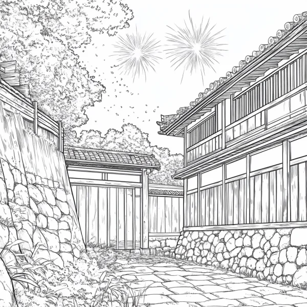 Traditional japanese residential courtyard, japanese style — free printable traditional architecture coloring book page