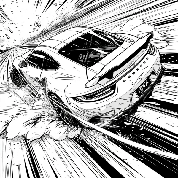 Drifting porsche sports car, manga style — free printable motorsport coloring book page