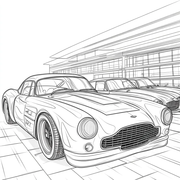 Retro sports cars in front of modern building, realistic line art style — free printable modern life coloring book page