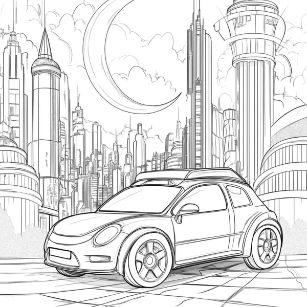 Futuristic volkswagen beetle car, sci-fi style — free printable sky coloring book page
