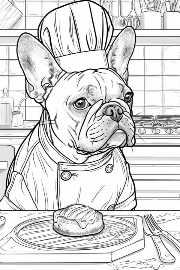 French bulldog dressed as chef, cartoon style — free printable chef coloring book page