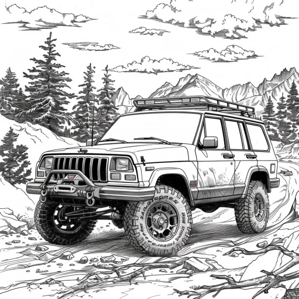Off-road jeep, realistic sketch style — free printable off-road coloring book page