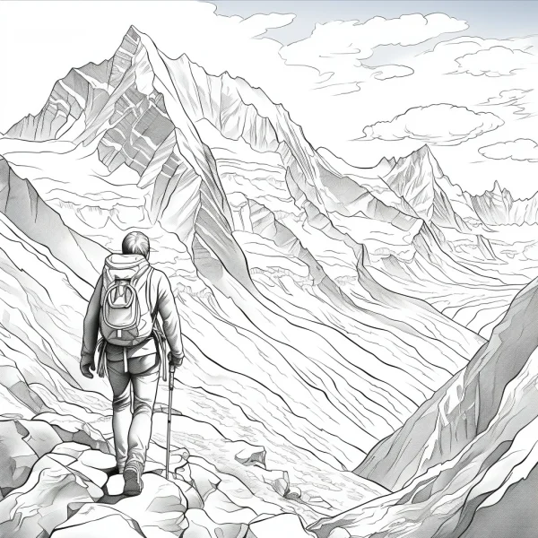 Hiker with backpack and walking stick in snow-capped mountain range, realistic sketch style — free printable hiking coloring book page