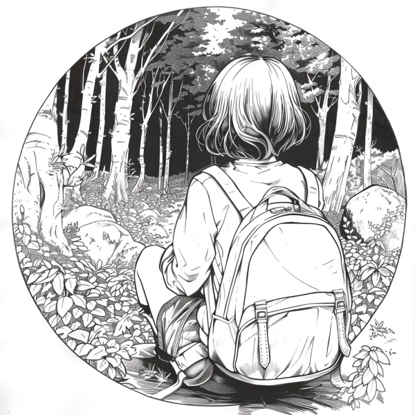 Back view of a girl with backpack sitting in a birch forest, realistic illustration style — free printable hiking coloring book page