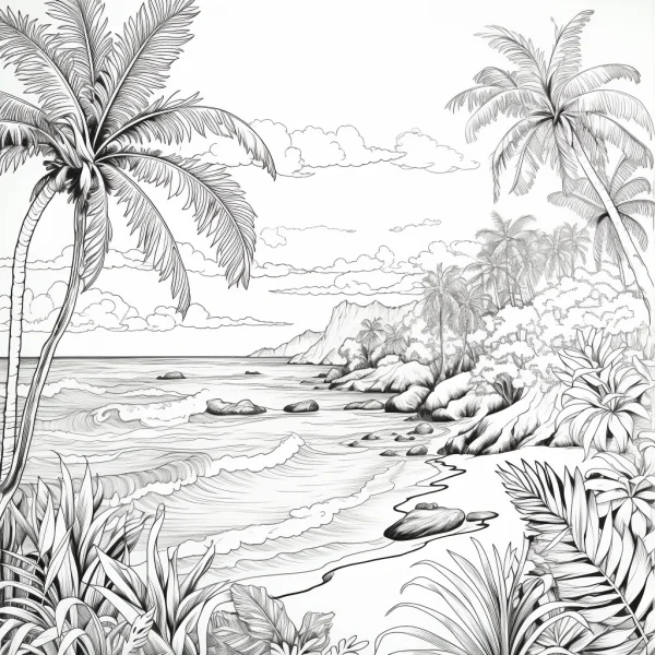 Tropical beach scene with coconut palms, ocean waves — free printable tropical plants coloring book page