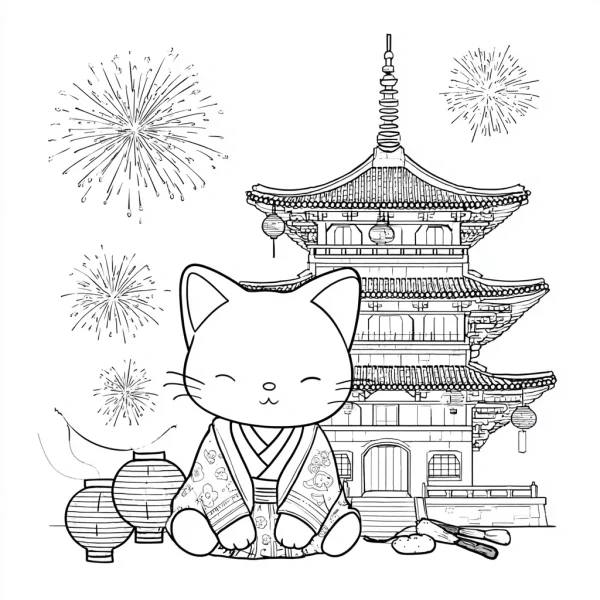 Cute lucky cat wearing kimono, japanese style — free printable spring festival coloring book page