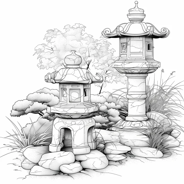 Japanese stone lanterns in tranquil garden, japanese style — free printable gardens coloring book page