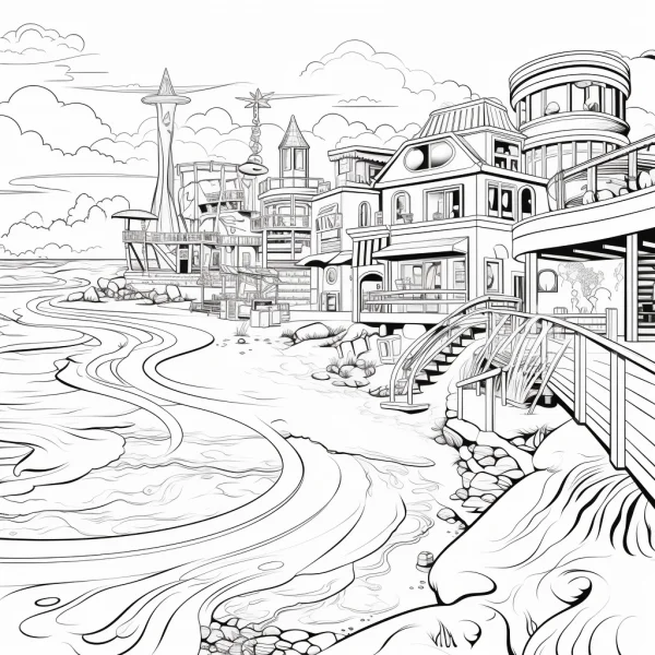 Coastal vacation buildings, realistic line art style — free printable vacation coloring book page