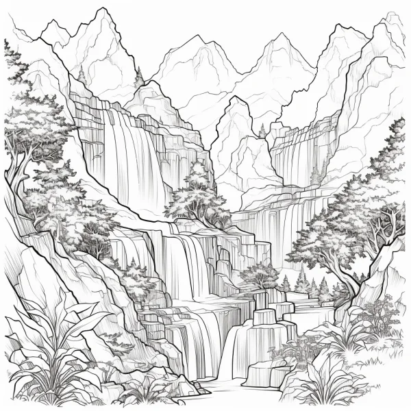 Mountain waterfall landscape, realistic style — free printable waterfall coloring book page