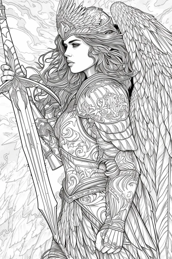 Armored angel warrior holding a sword, fantasy realistic style — free printable hero coloring book page