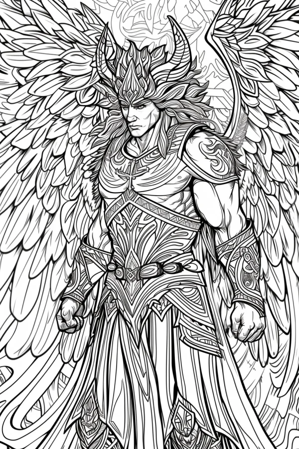 Winged armored mythical warrior with horned helmet, fantasy style — free printable hero coloring book page