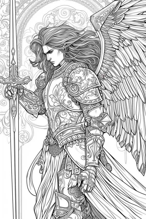 Angel knight with large wings holding a decorative sword, fantasy art style with intricate ornate patterns on armor and background spirals — free printable knight coloring book page