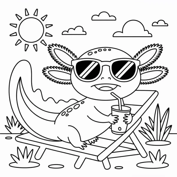 Axolotl wearing sunglasses relaxing on a lounge chair, holding a drink with straw — free printable vacation coloring book page