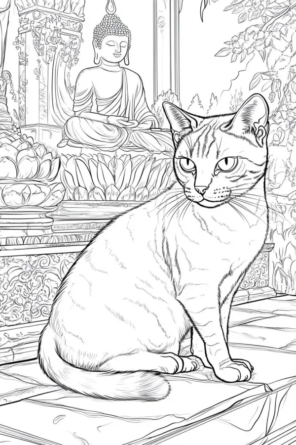 Cat sitting in front of buddha statue, realistic style — free printable southeast asian culture coloring book page