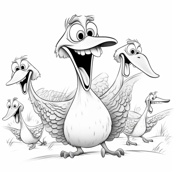 Funny cartoon birds with exaggerated facial expressions, cartoon art style — free printable humor coloring book page