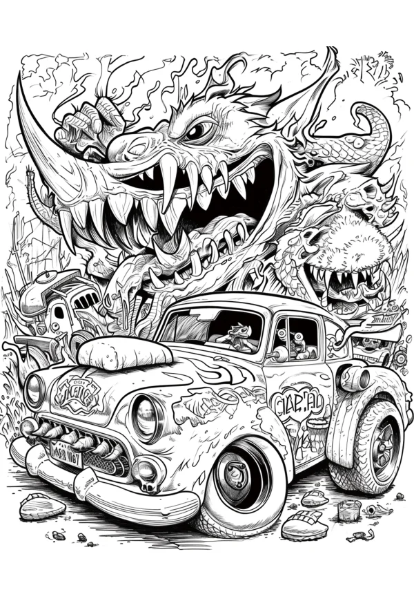 Modified vintage car with giant fantasy monster, graffiti cartoon style — free printable monster coloring book page