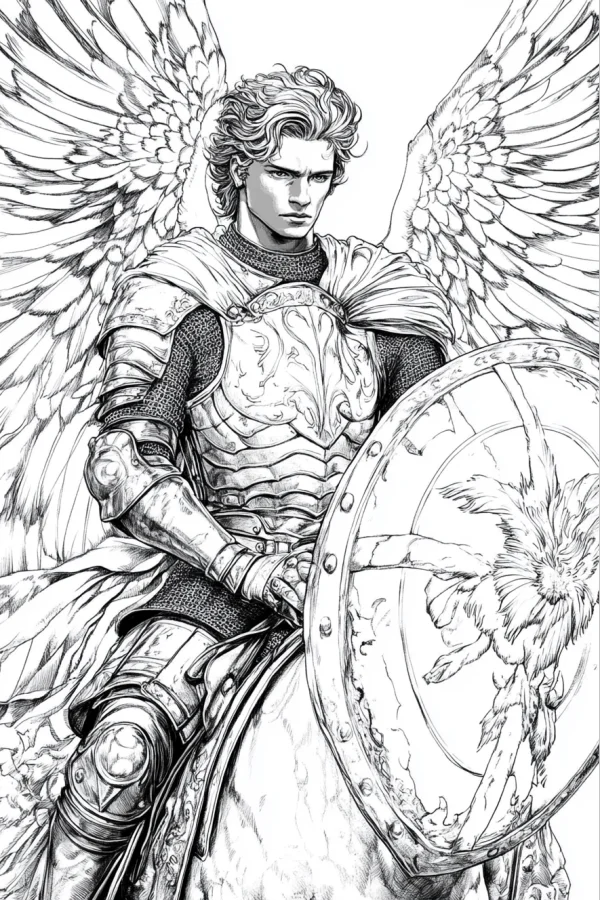 Angel knight with large detailed wings, riding a war horse — free printable knight coloring book page
