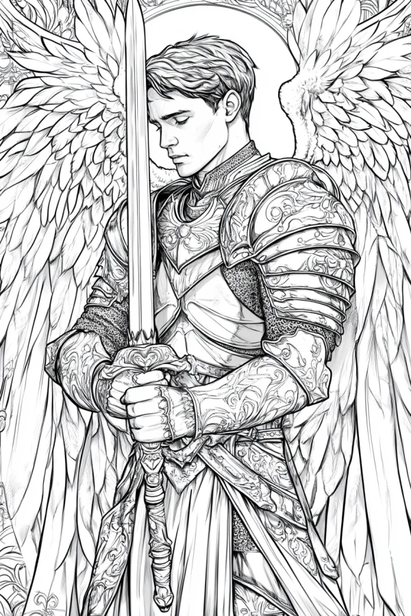 Armored angel knight holding a sword, fantasy realistic illustration style — free printable knight coloring book page