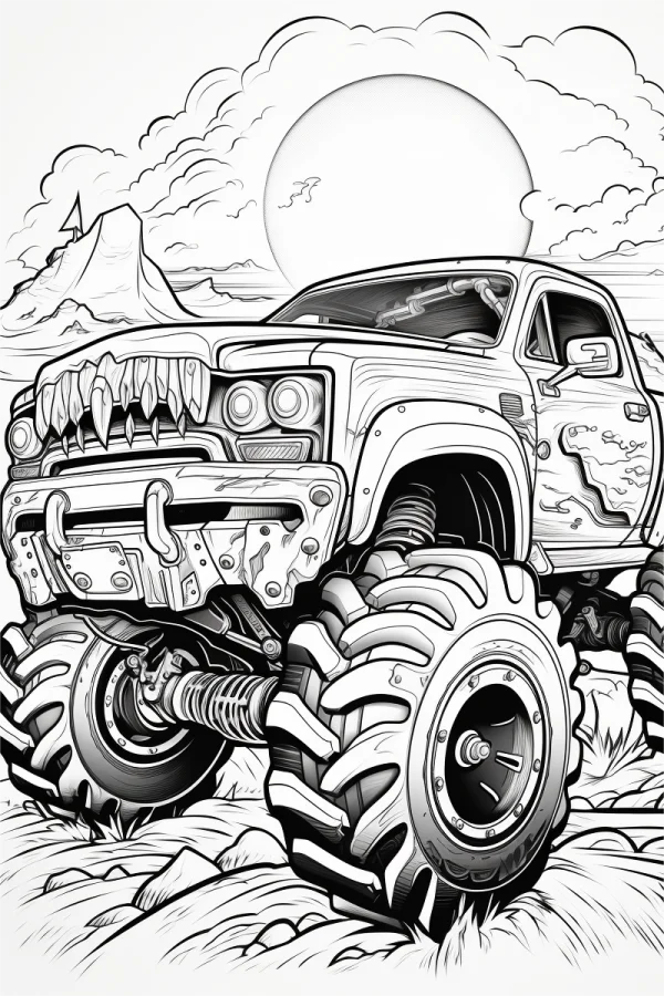 Monster truck with huge off-road tires, cartoon style — free printable outdoor adventure coloring book page