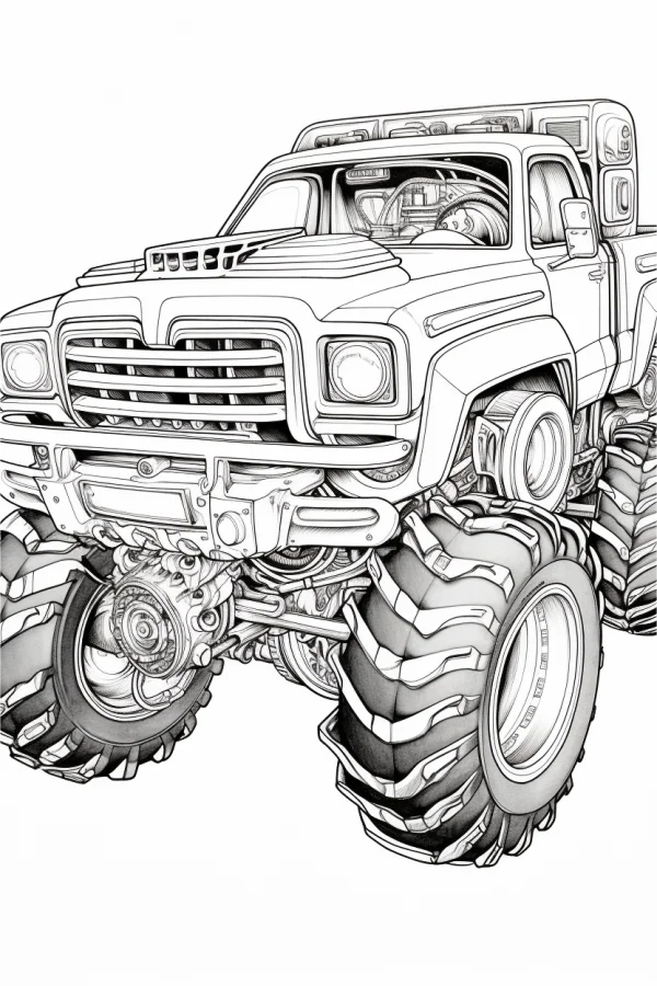 Monster truck, realistic mechanical style — free printable vehicles coloring book page