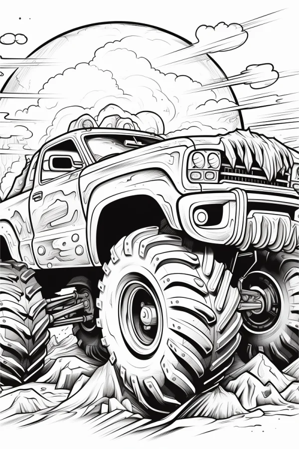 Monster truck with huge off-road tires, cartoon style — free printable outdoor adventure coloring book page
