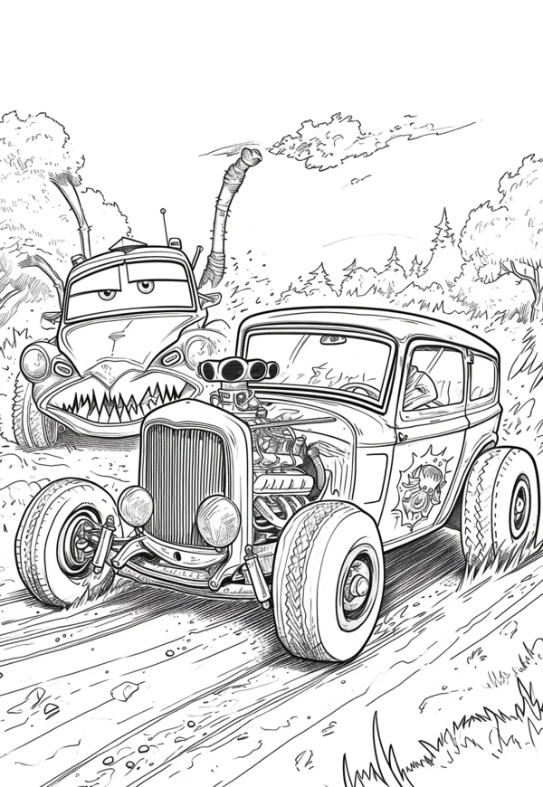 Cartoon retro hotrod car and anthropomorphic monster car with sharp teeth, cartoon style — free printable outdoor scenery coloring book page