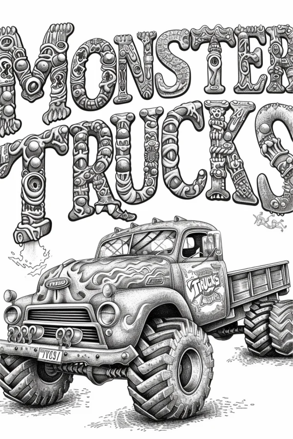 Vintage monster truck, retro cartoon style — free printable vehicles coloring book page