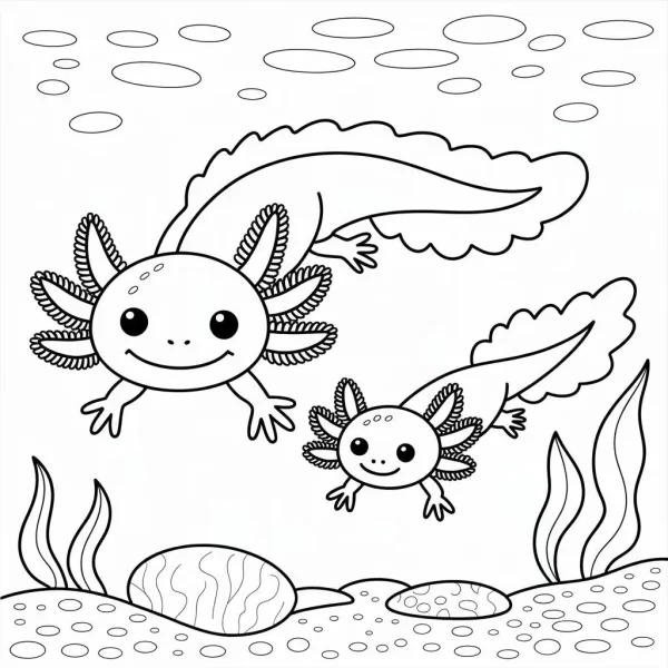 Parent and child axolotls in underwater scene, cartoon style — free printable parent-child coloring book page