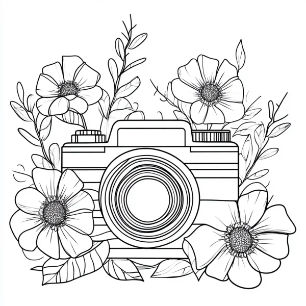 Camera surrounded by blooming flowers and leaves, line art style — free printable photography coloring book page