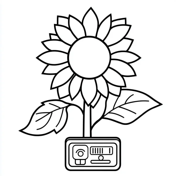 Sunflower with electronic control panel, cartoon style — free printable technology coloring book page
