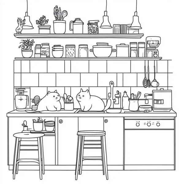 Two cute cats on kitchen countertop, cartoon style — free printable kitchen coloring book page