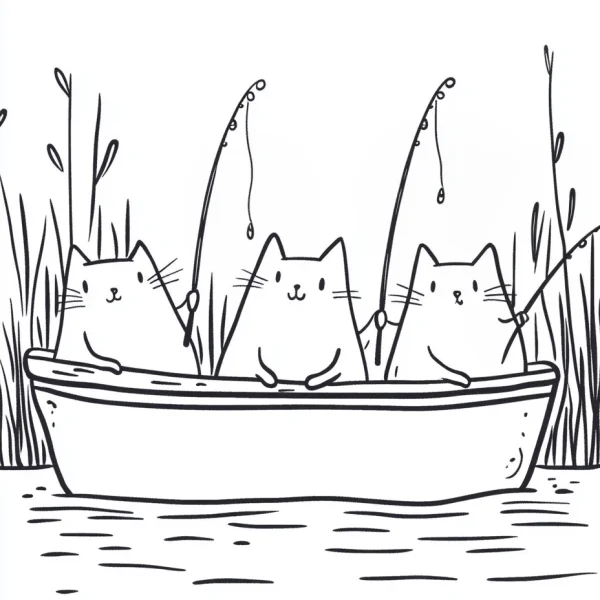 Three cute cartoon cats fishing in a small boat, cartoon style — free printable fishing coloring book page