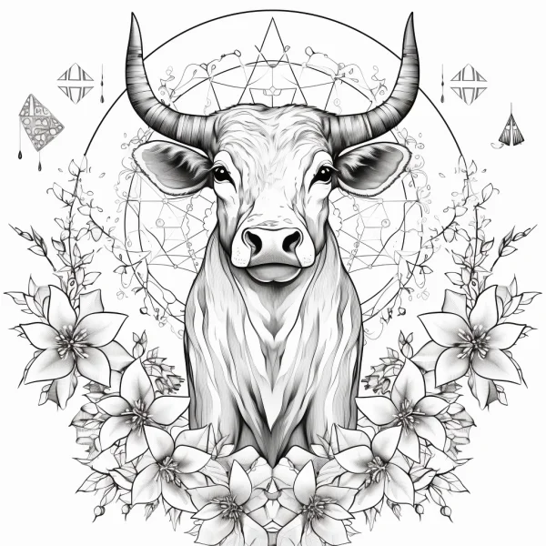 Cow head surrounded by flowers, sketch style — free printable mystery coloring book page