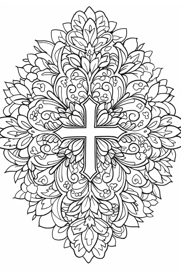 Mandala cross surrounded by intricate floral patterns and leaves, symmetrical design — free printable mandala art coloring book page