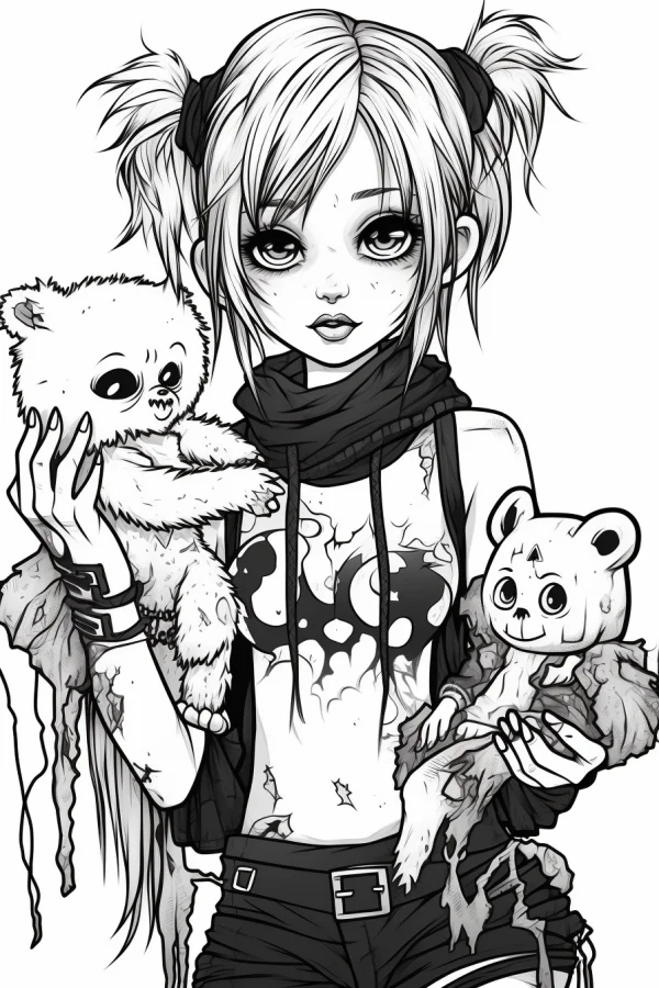 Dark pigtail girl with creepy teddy bears, dark anime style — free printable dark fantasy coloring book page