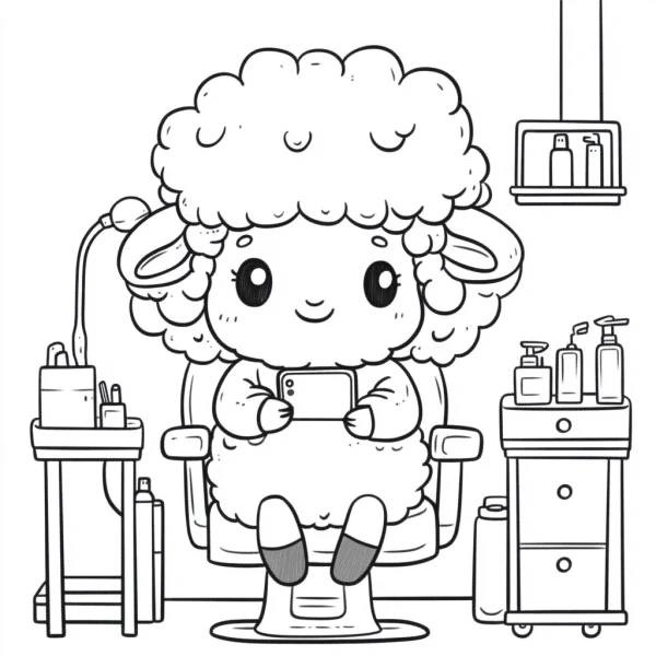Cute cartoon sheep in hair salon sitting on barber chair holding tablet, surrounded by hair care bottles and tools — free printable beauty and hair coloring book page
