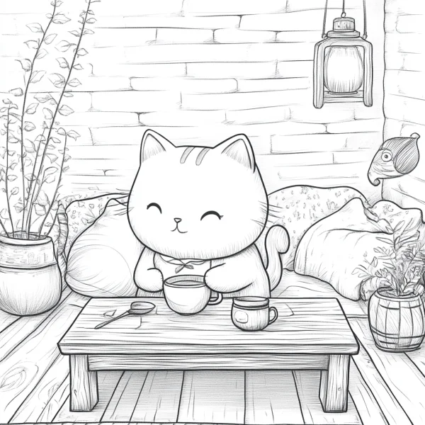 Cute cartoon cat drinking tea, cartoon style — free printable mammals coloring book page