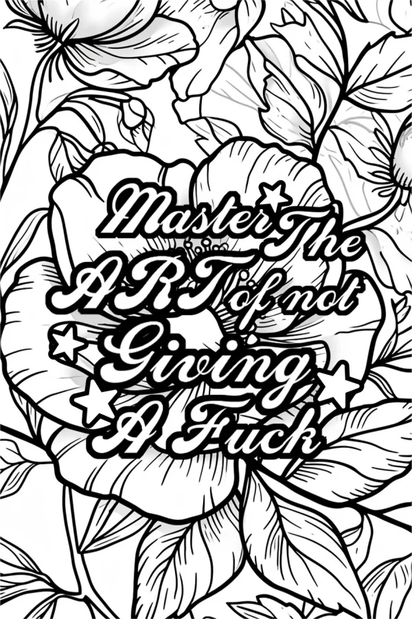 Floral wreath with decorative art text 'master the art of not giving a fuck', decorative illustration style — free printable lifestyle coloring book page