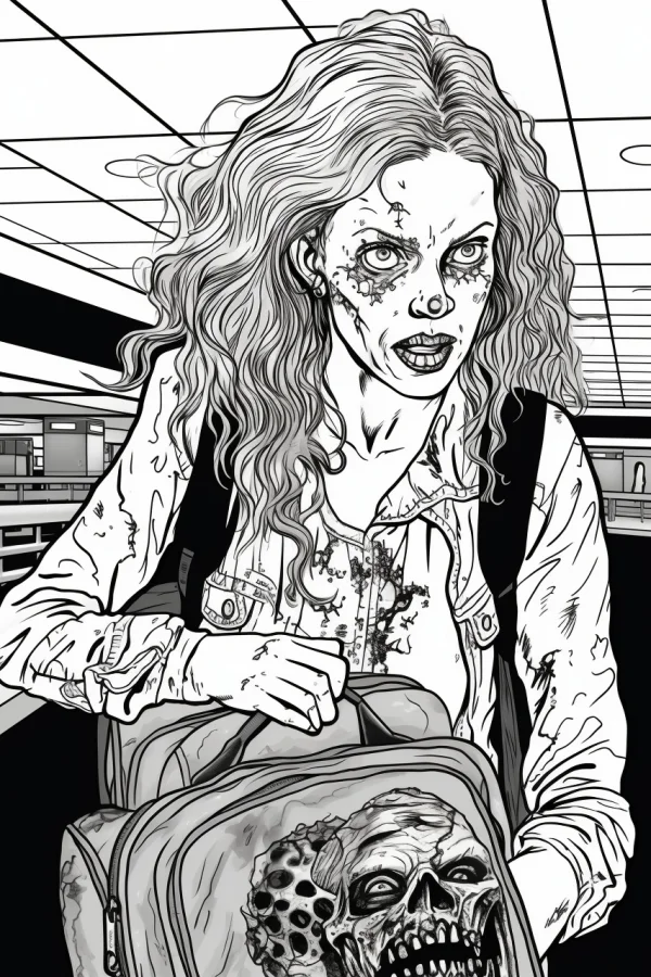 Zombie woman with skull-patterned backpack, american comic style — free printable zombie coloring book page