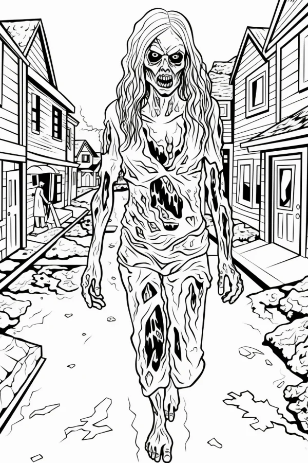 Horror zombie, cartoon horror style — free printable zombie coloring book page