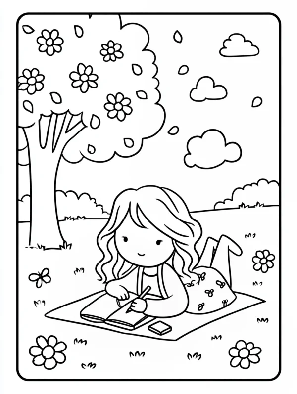 Cute girl drawing outdoors under a flowering tree, cartoon style — free printable children's life coloring book page