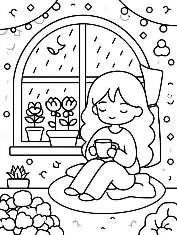 Girl holding a cup sitting by arched window, cartoon style — free printable rainy days coloring book page