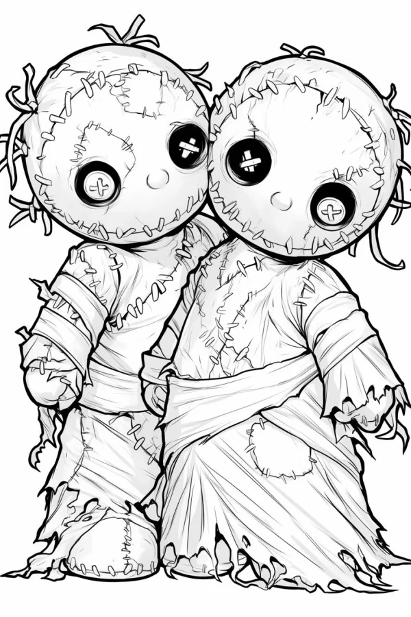 Pair of cute cartoon voodoo dolls, cartoon style — free printable dolls coloring book page